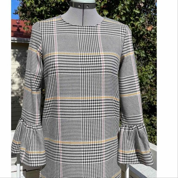 Zara Bell Sleeve Houndstooth Dress Plaid Shift - Picture 2 of 7